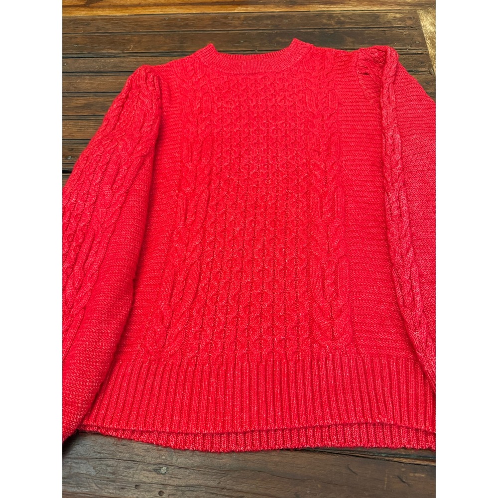 Crown & Ivy Women XXL Red Cable Knit Puff Sleeve Crew Neck Sweater Preppy Spring - Picture 2 of 8